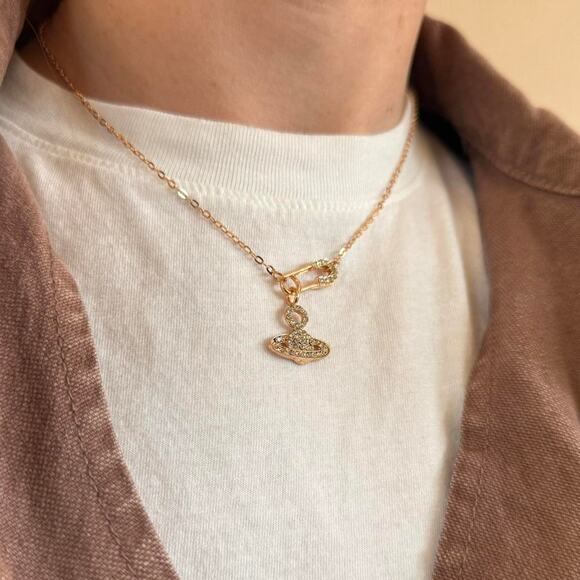 Y2K 2000s Rose Gold Iced Out Planet Necklace Unisex Vintage Chain New - Picture 3 of 10